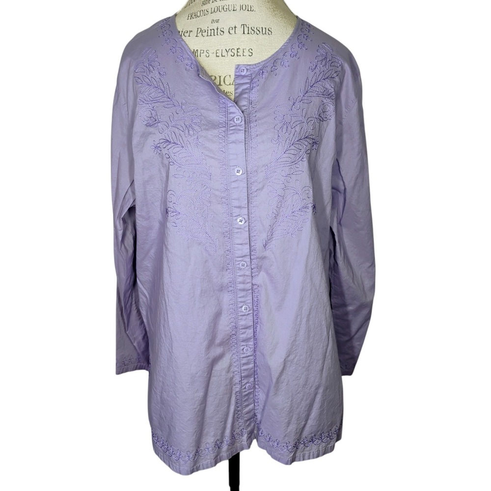 Denim&Co Embroidered Top Womens 2X Lavender Purple Button Down Bohemian Casual
